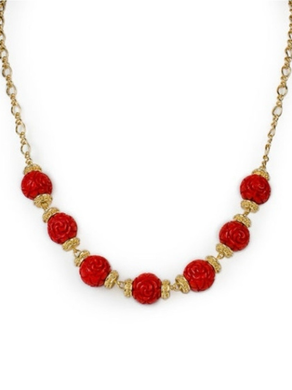 Patricia Nash Gold-Tone Necklace with Red Carved Rose Beads
